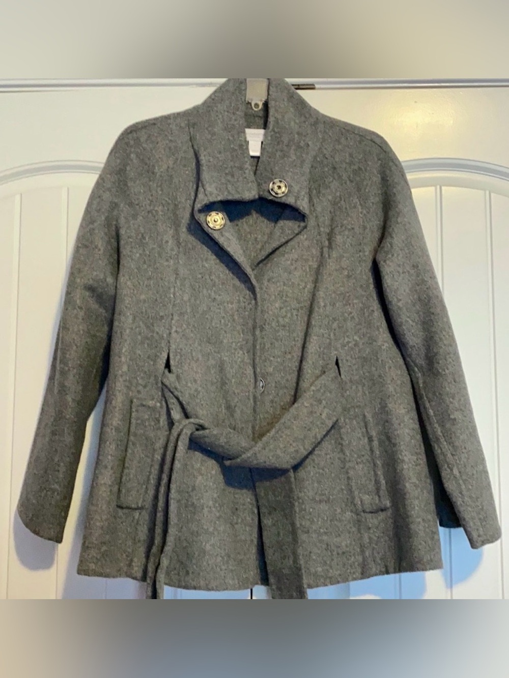 Liz Claiborne Gray Angora Wool Blend Belted Pea Coat Size Medium Soft - Picture 2 of 8